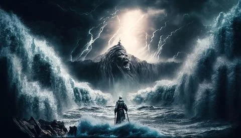 A man standing in the middle of a large wave in the ocean with a giant mons.. Stock Illustration