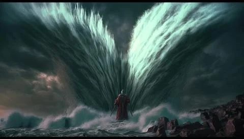 A man standing in the middle of a large wave in the ocean with a giant clou.. 스톡 일러스트
