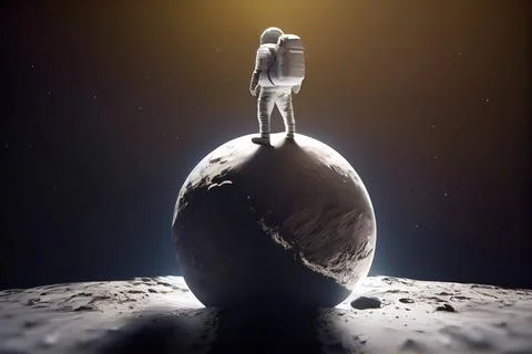 A man standing on the moon with a backpack on his back and a space shuttle .. Ilustração Stock