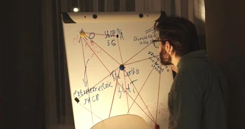 A man is standing near a crazy table on a conspiracy theory board. Stock Footage 272253533