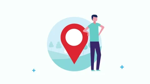 Man standing near a large red map pin in circular nature scene with animate.. Stock Footage 334527667