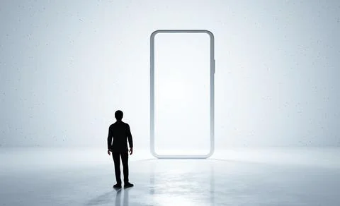 Man standing next to big empty smartphone screen Stock Illustration