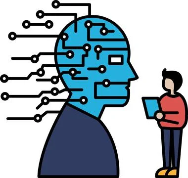 A man is standing next to a blue head with lots of wires coming out of it Stock Illustration