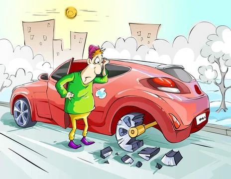 A man is standing next to a broken car Stock Illustration