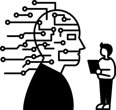 Man is standing next to a head with lots of wires coming out of it Stock Illustration
