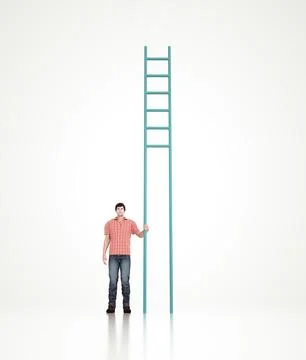 Man is standing next to a staircase without steps. Challenge and discrimina.. Stock Illustration