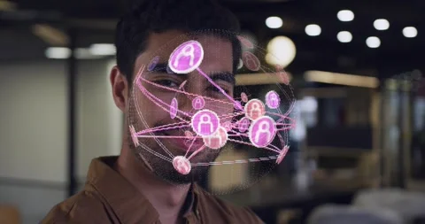 Man standing in office, 3D tech network appearing beside face, reshaping node, Video stock 321550735