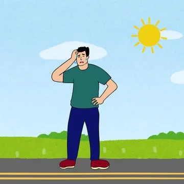 Man standing outside in sun suffering from dehydration summer health concep.. Stock Illustration
