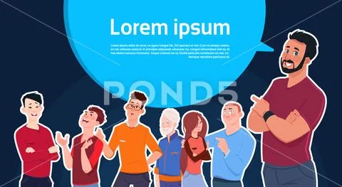 Man Standing Over Big Chat Bubble With Copy Space With Group Of Mix Race People Stock Illustration
