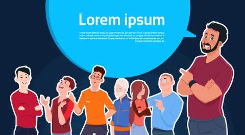 Man Standing Over Big Chat Bubble With Copy Space With Group Of Mix Race People Stock Illustration