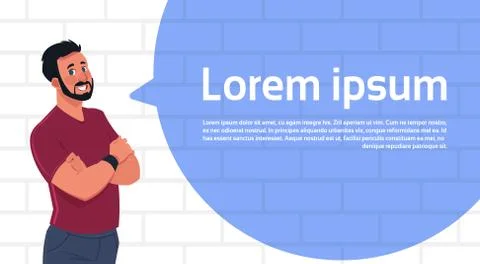 Man Standing Over Big Chat Bubble With Copy Space White Brick Wall Background Stock Illustration