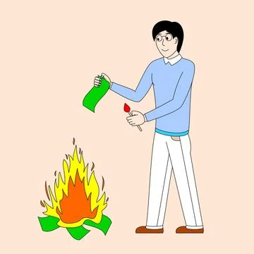 A man is standing over a fire. a man is trying to burn a bill Stock Illustration