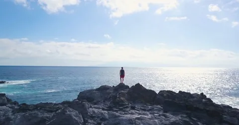 Man standing over a rocky coast and looking at the sea on a sunny day Stock-Footage 81535053