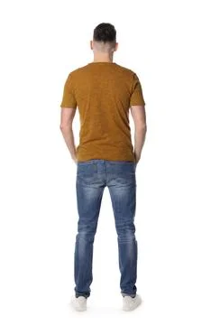 Man standing in queue on white background, back view Stock Photos
