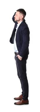Man standing in queue on white background Stock Photos
