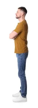 Man standing in queue on white background Stock Photos