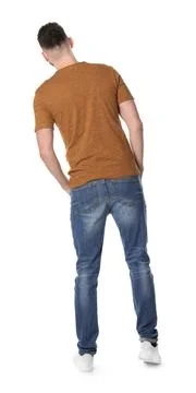 Man standing in queue on white background, back view Stock Photos