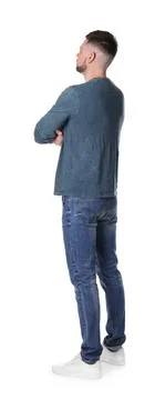 Man standing in queue on white background Foto stock