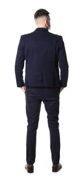 Man standing in queue on white background, back view Stock Photos