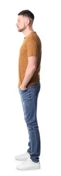 Man standing in queue on white background Stock Photos