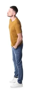 Man standing in queue on white background Stock Photos