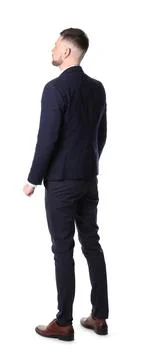 Man standing in queue on white background Foto stock