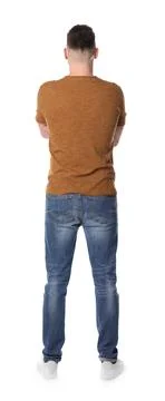 Man standing in queue on white background, back view Stock Photos