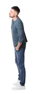 Man standing in queue on white background Stock Photos