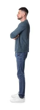 Man standing in queue on white background Stock Photos