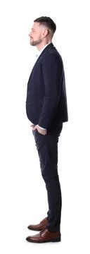 Man standing in queue on white background Stock Photos