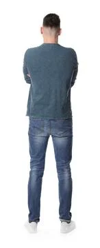 Man standing in queue on white background, back view Stock Photos