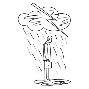 Man standing in rain under storm cloud with lightning Stock Photos