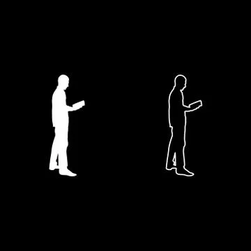 Man standing reading Silhouette concept learing document icon set white color Stock Illustration