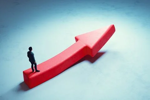 Man standing on red arrow pointing forward symbolizing growth and development Stock Illustration