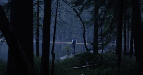 Man standing at the riverside of a forest lake 動画素材 76282970