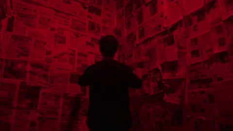 A Man Standing in a Room Covered in Papers While a Red Light Flashes Stock Footage 208792380