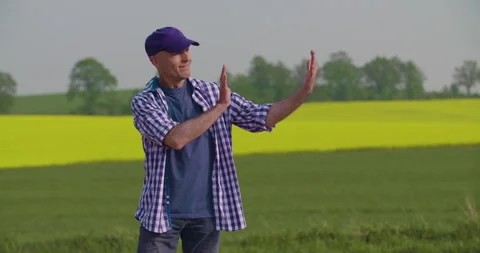 Man standing in a rural crop field under soft daylight Stock Footage 336499334