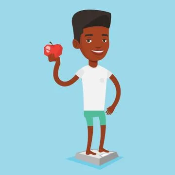 Man standing on scale and holding apple in hand Stock Illustration