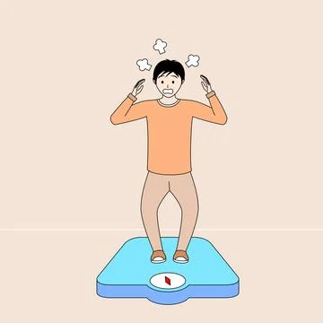 Man is standing on a scale and is panic because his weight went up Stock Illustration
