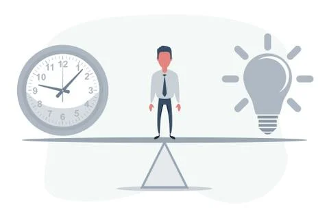 Man standing on seesaw between clock and Lightbulb. Stock Illustration