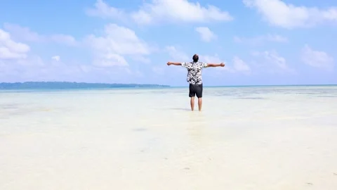 Man standing in shallow ocean with open arms freedom pose Stock-Footage 331035651