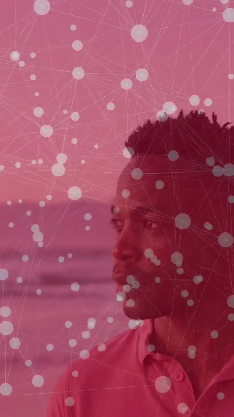 Man standing shore, frames causing head turning, eyes closing while node overlay Vidéo 334599019