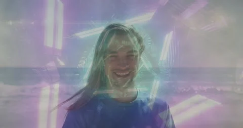 Man standing shore while neon overlay appearing, forming hexagon halo on head, Stock Footage 329946585