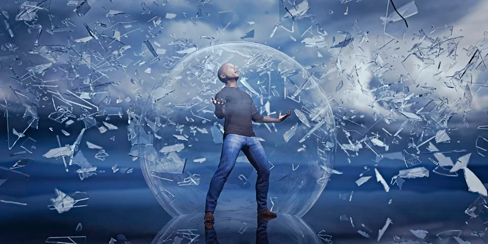 Man standing in sphere protected from falling shards of glass Stock Illustration