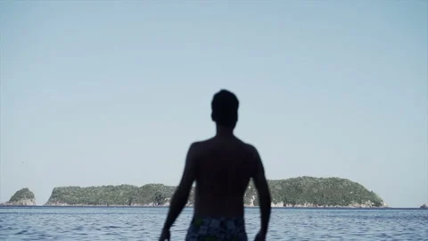 Man standing still with his back to the beach at cathedral cove, new zealand Stock Footage 221225833