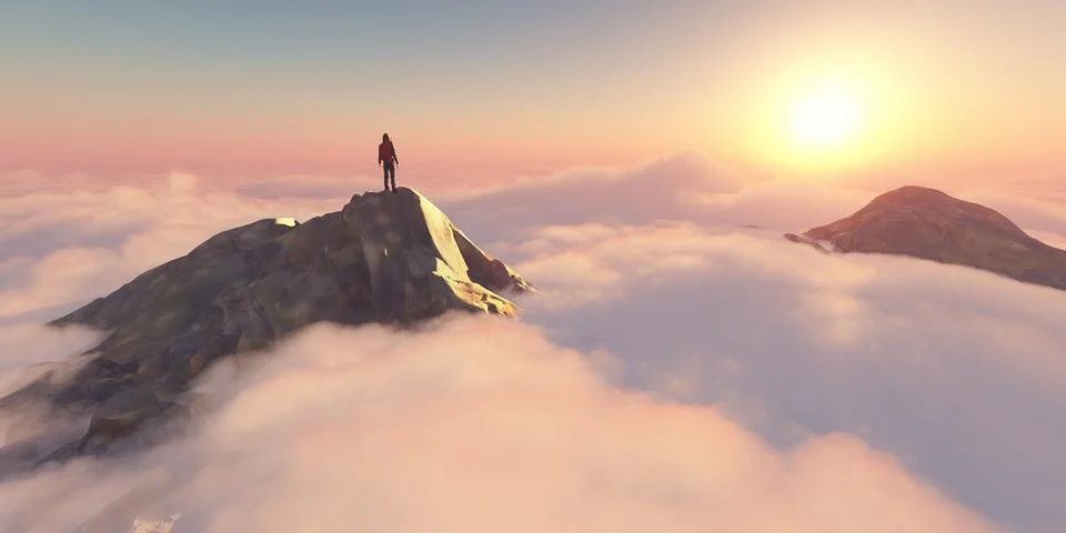 A man standing on a stone cliff over the clouds .Success concept. Stock Illustration