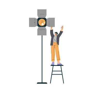 Man Standing on Stool with Lamp at Shooting Film Movie Production Scene Vector Stock Illustration
