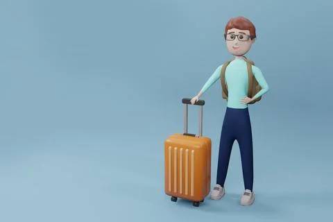 Man standing with suitcase on blue background. 스톡 일러스트