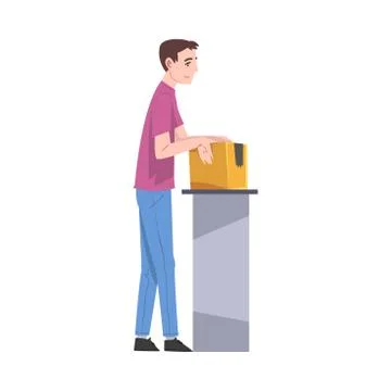 Man Standing at Table Checking Cardboard Box Preparing Goods For Dispatch, Guy Stockillustratie