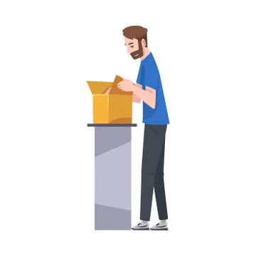 Man Standing at Table Checking Cardboard Box Preparing Goods For Dispatch, Guy Stock Illustration